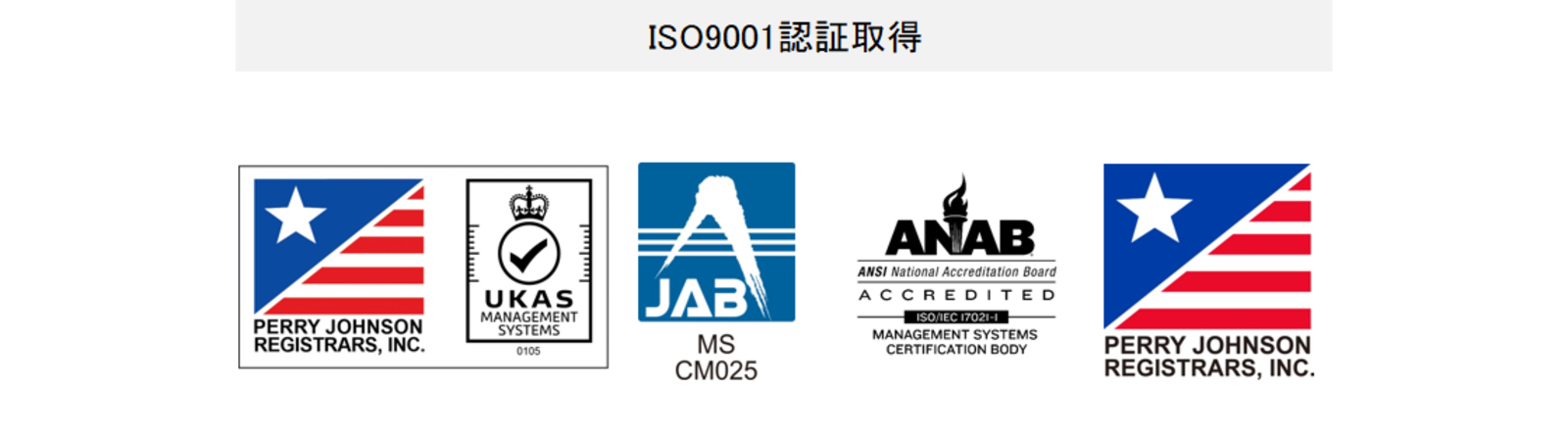 ISO9001認証取得 Perry Johnson Registrars-Quality Assurance UKAS management systems JAB MS CM023 The ANSI National Accreditation Board